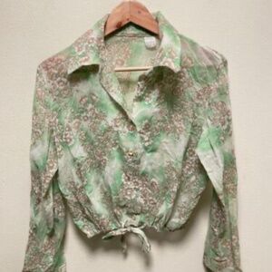 Vintage 70s green and taupe floral sheer crop button down shirt top S/M small